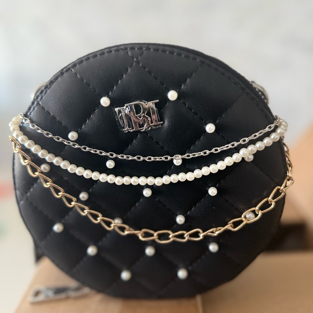 Elegant Black Quilted Mini Bag with Pearl Accents